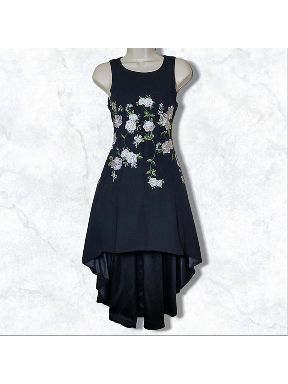 GB girls Black High-Low Dress with White & Green Floral Embroidery